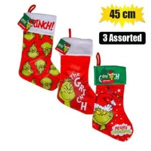 Xmas stocking grinch 45cm 3 asstd