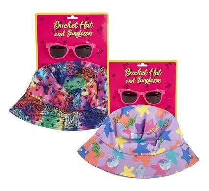 Hat set bucket hat with sunglasses girl