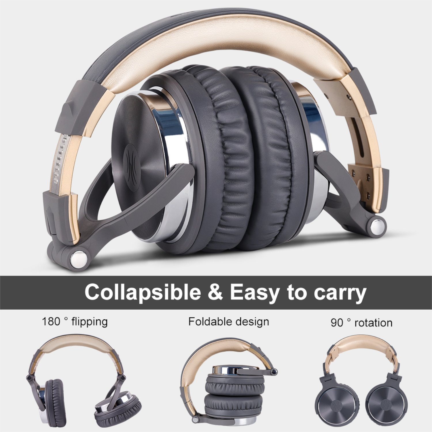 Oneodio Pro 10 Professional Wired Over Ear DJ and Studio Monitoring Headphones - Grey/Gold - Image 4